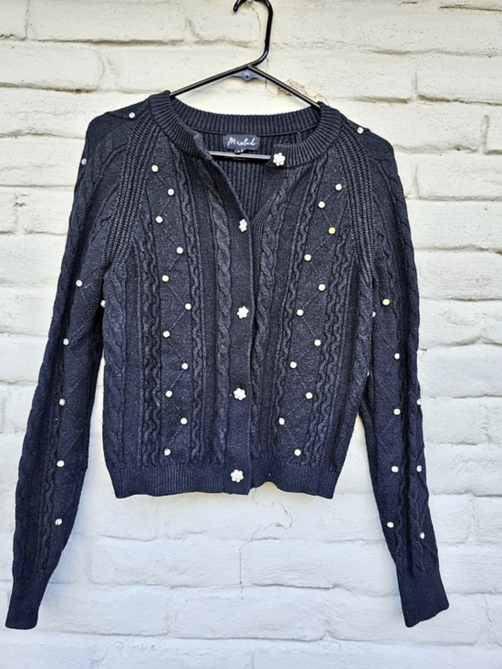 Marled Embellished Cable Knit Cardigan in Black XS Like New